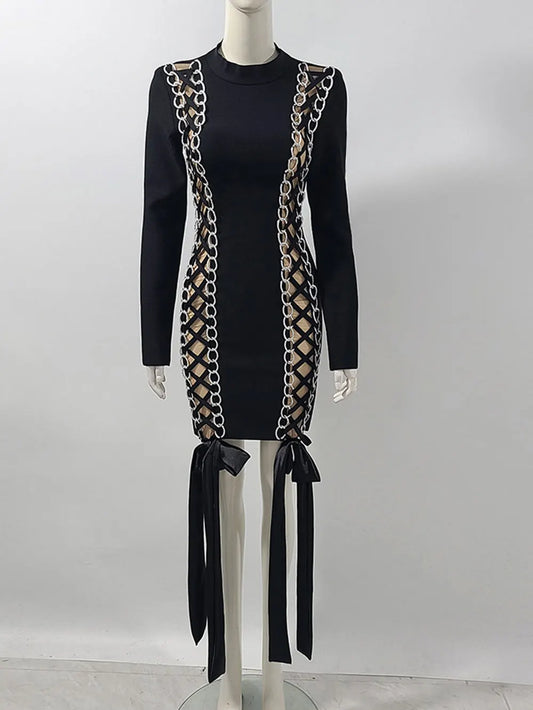 2024 Women's Sexy Drawstring Strap Bandage Dress O-neck Long Sleeve Bodycon Mini Dress Cocktail Evening Party Vestidos