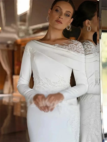 Elegant Wedding Dresses 2026 Sheer Neck Long Sleeves Embroidery Lace Satin Mermaid Bride Dress Bridal Gowns Vestido De Noiva