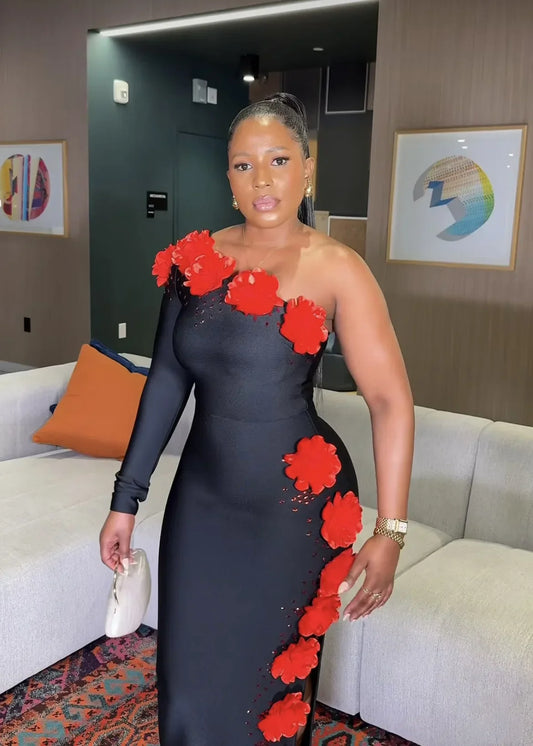 Women Sexy One Shoulder Long Sleeve Red Florlas Rhinestones Bodyocn Long Bandage Dress Nightclub Party Celebrate Birthday Wear