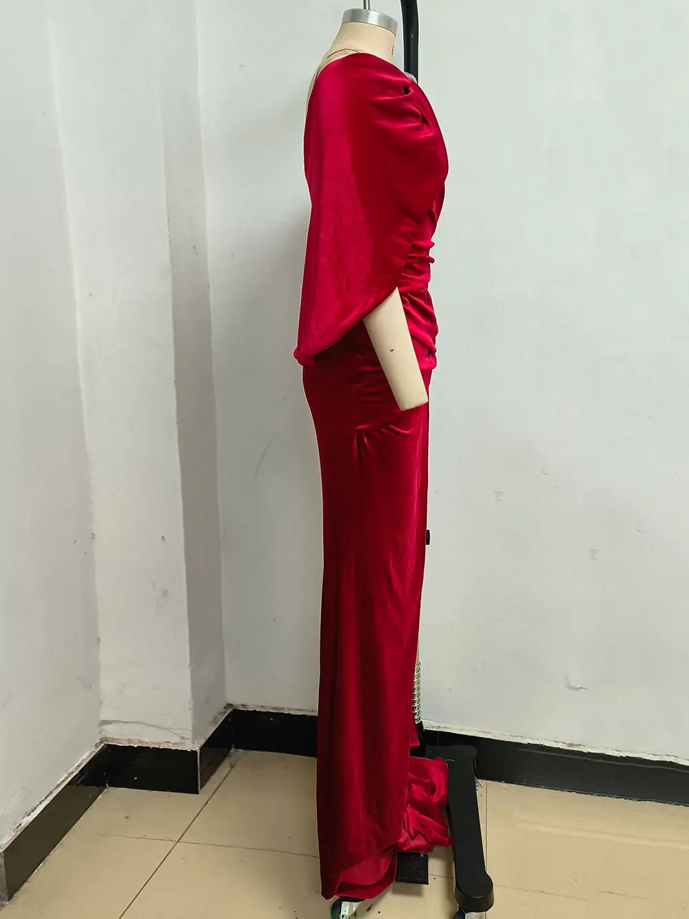 2024 Sexy Women's Evening Party Wine Red Velvet Marx Dress Shawl Design Bodycon Draped Split Body Long Dress Christmas Vestidos