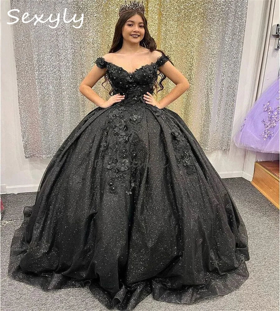 Mexican Black Quinceanera Dresses Charro Elegant 3D Flowers Vestidos De Xv 15 Anos Halloween Costume Photoshoot Horse Customized black