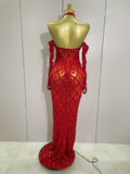 Sexy Sparkly Rhinestones Halter Mesh Long Dress With Gloves Women Celebrate Evening Wedding Prom Birthday Dress Shoot Wear