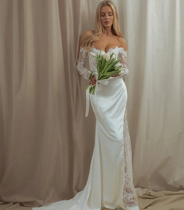 Sexy Mew Mermaid Wedding Dress 2026 Off the Shoulder Long Sleeves Split Lace Satin Bride Party Bridal Gowns Boho Vestidos