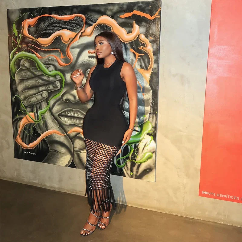 Women Sleeveless Sexy Shinning Rhinestones Tassels Bodycon Long Bandage Dress Nightclub Party Bar Singer Celebrate Stage Wear