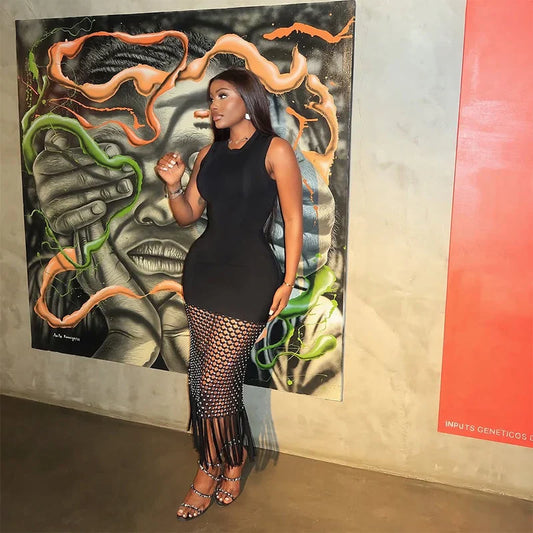 Women Sleeveless Sexy Shinning Rhinestones Tassels Bodycon Long Bandage Dress Nightclub Party Bar Singer Celebrate Stage Wear