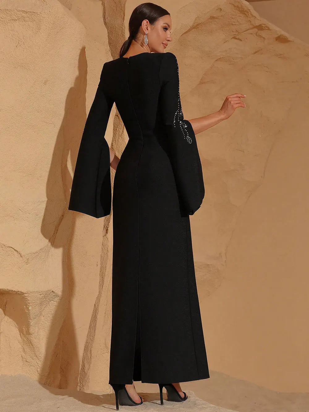 2025 Elegant Women's Light Luxury Hot Diamond Design Bandage Dress O-neck Trumpet Sleeve Bodycon Long Dress Club Party Vestidos