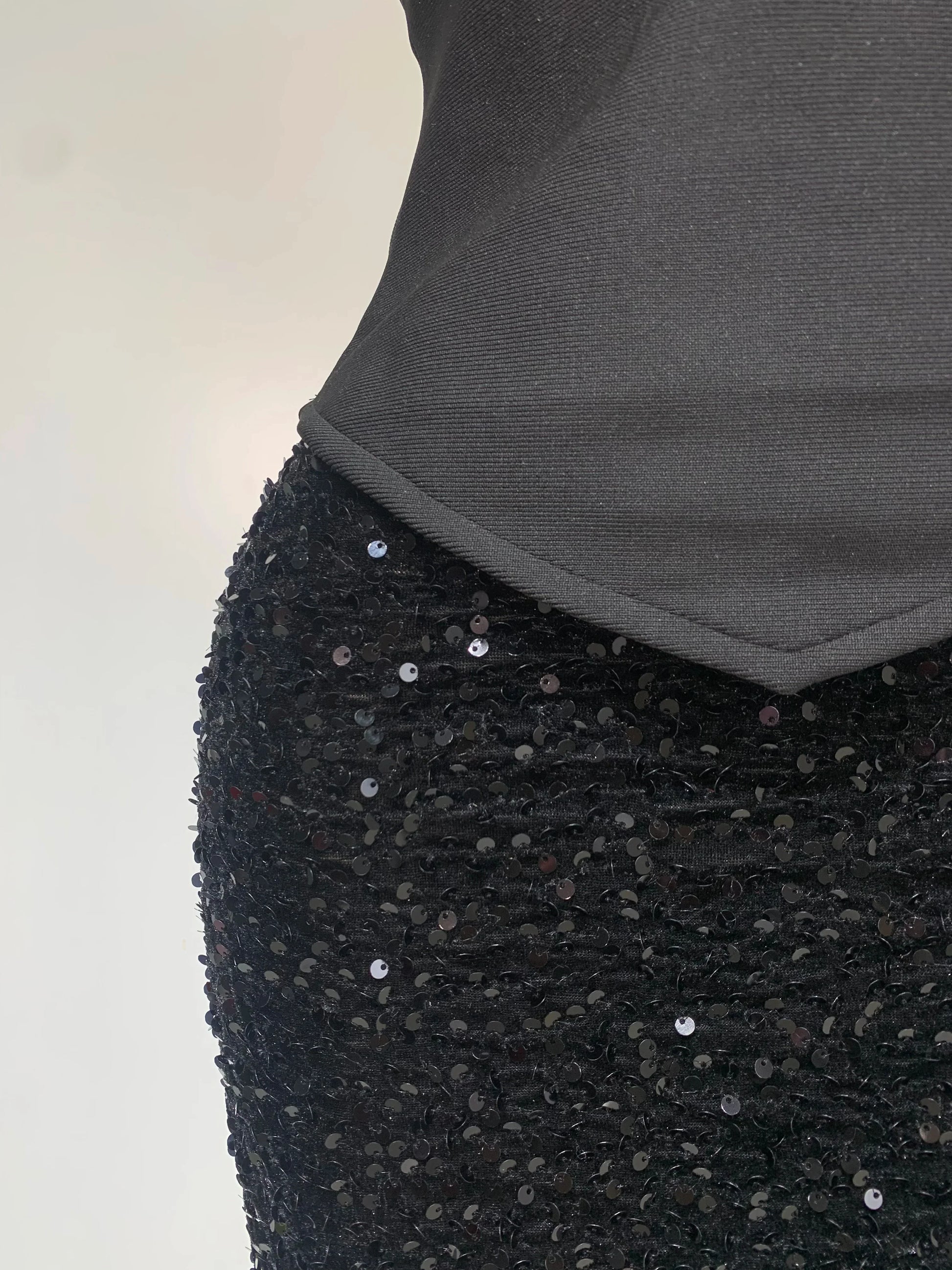 Women Sexy Strapless Sequin Black Maxi Long Bandage Three Piece Set Knitted Elegant Evening Club Party Birthday Prom Gowns