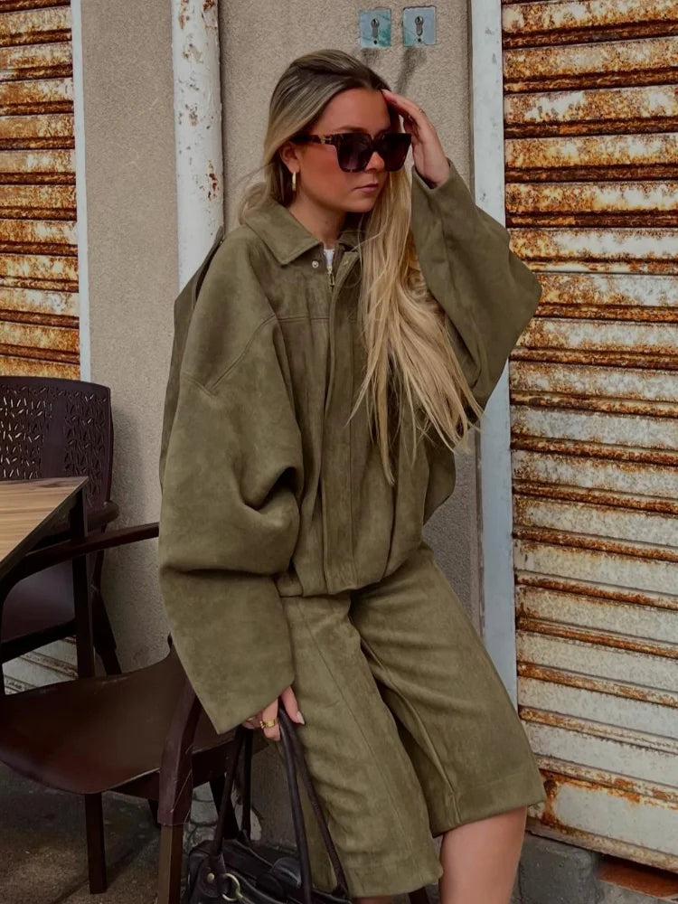 Elegant Solid Loose Women's Suede Jackets Turn-down Collar Long Sleeve Zipper Patchwork Coat New Fashion Ladies Locomotive Coats