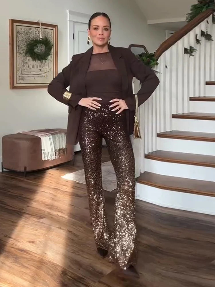 Women's Pants Sequined High Waist Trousers Charming Female Hip Package Shining Party Evening Beachwear New Ladies Beach Clubwear