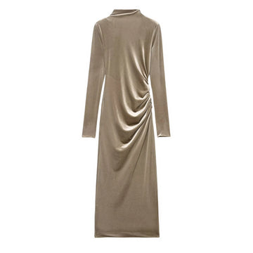 European and American Style 2025 Winter New Women's Fashion Design Padded Shoulders Velvet Midi Dress