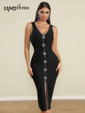 2025 Elegant Women's Water Diamond Button Design Bandage Dresses Camisole Sleeveless Bodycon Split Medium Length Dress Vestidos
