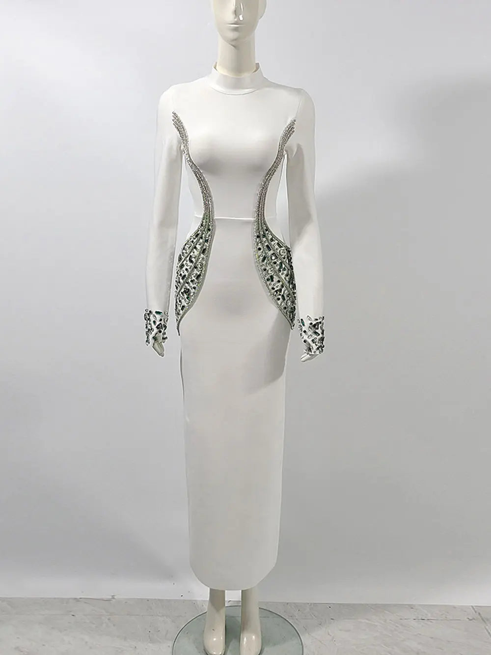 2024 Sexy Women's Heavy Industry Beaded Bandage Dress Bodycon Stand Collar Long Sleeve Midi Dress Cocktail Evening Party Vestido WHITE