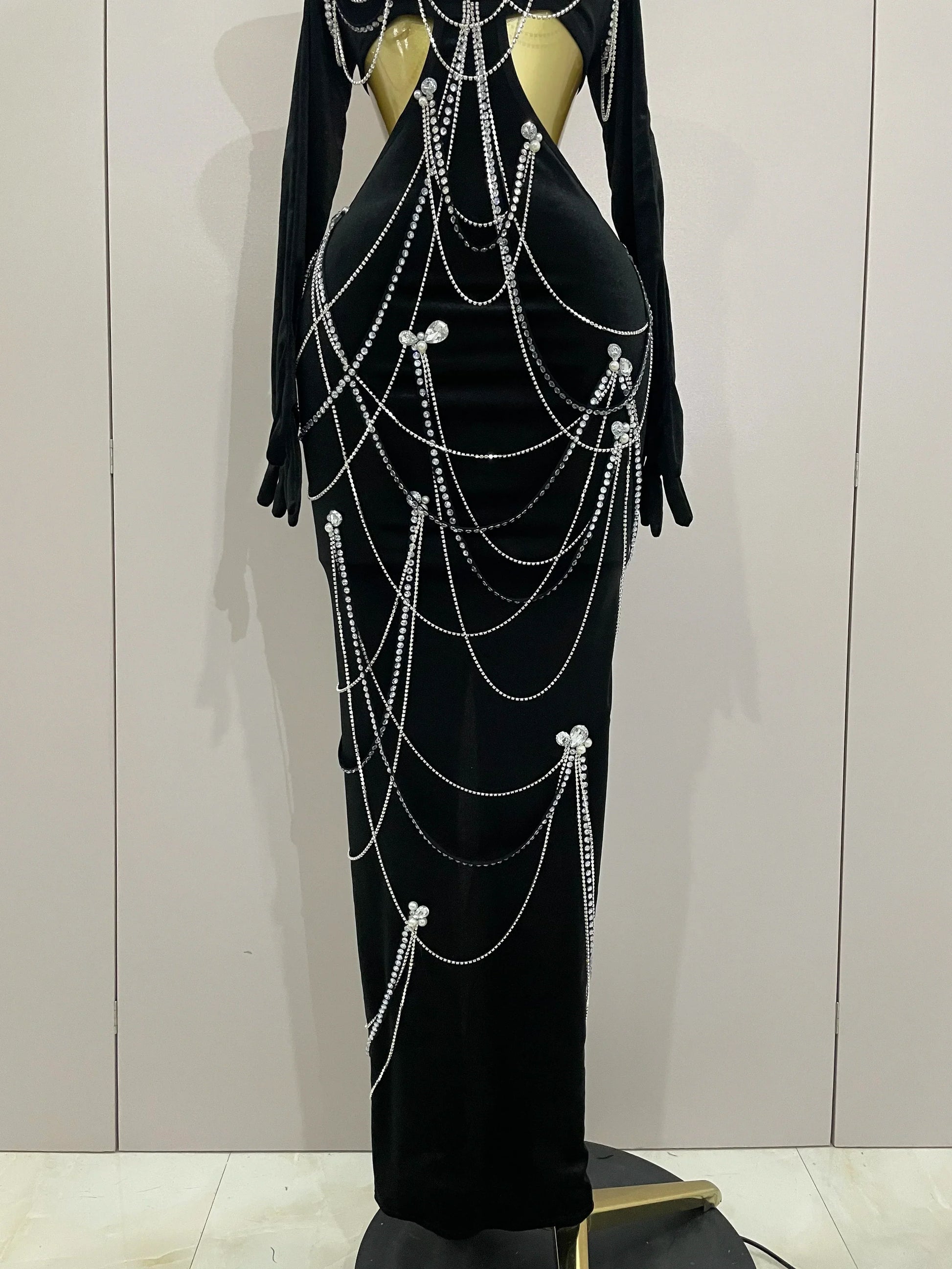 Women Sparkly Diamonds Tassels Chain Balck Sexy Halter Backless Long Dress Evening Birthday Party Celebrate Stage Costume