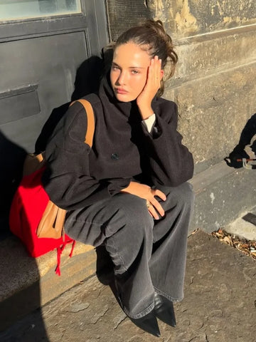 Street Solid Loose Women's Short Overcoat Stand Collar Long Sleeve Double Breasted Woolen Coat New Fashion All-match Ladies Tops