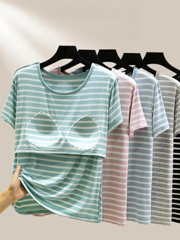 Modal Summer Chest Pad Short Sleeve Top Loose Bra-Free Stripe T-shirt Thin Versatile Outer Wear Bottoming Shirt