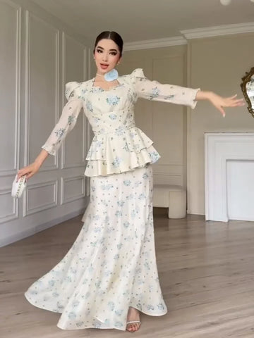Sweet Printed Slim Women 2 Pcs Suits Full Sleeve Waist Cinching Ruffles Tops High Waist Hip Package Long Skirts Office Lady Sets