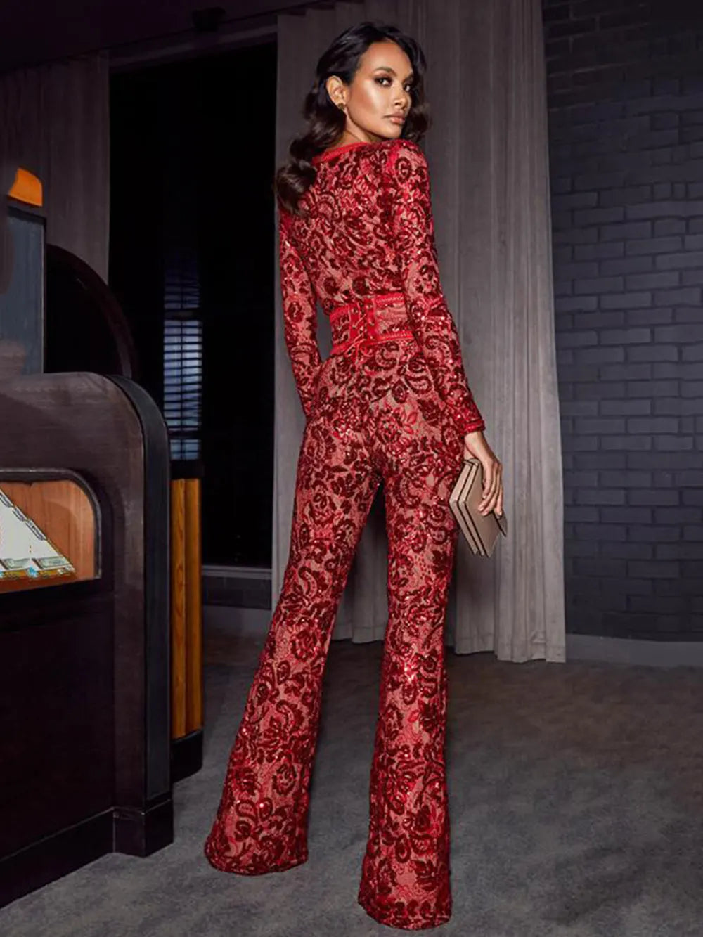 Women'S Light Luxury Sequin Patchwork Bandage Jumpsuit O-Neck Long Sleeved Waistband Flared Jumpsuit Pants Party Jumpsuit