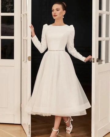 Classic Short Wedding Dress Long Sleeves Satin Tulle Ankle Length Women Bride Bridal Party Gowns Civil Vestidos De Noiva