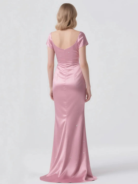 Mother Of The Bride Dress - Elegant Modern Mermaid V Neck Satin Mother of the Bride Dress Short Sleeves Sequin Sweep Train Formal Evening Gown 2025 Free Cus