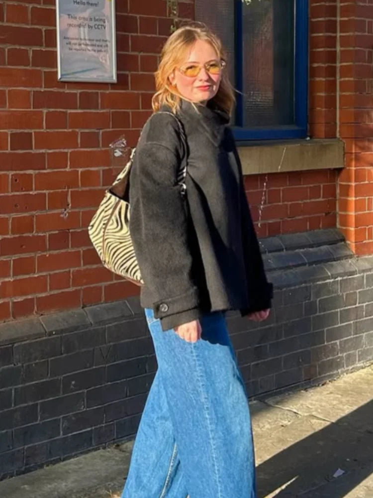 Street Solid Loose Women's Woolen Coat Stand Collar Full Sleeve Slant Opening Single Breasted Jackets New Chic Ladies Streetwear