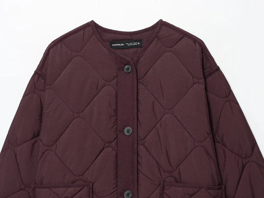 2025 Autumn New Product Women's Casual Round Neck Pocket Decoration Waterproof Diamond Grid Cotton Jacket Coat