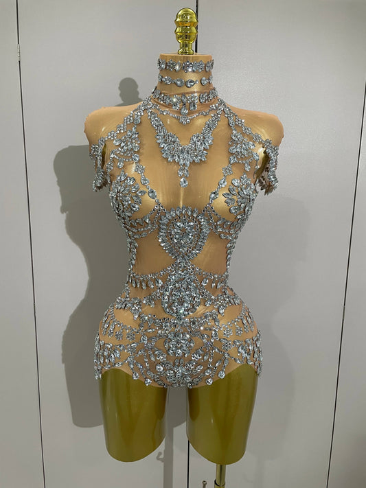 Stage Costume Luxury Rhinestones Sexy See-Through Sheath Bodysuit Evening Party Bar Nightclub Singer Dancer Performance Wear Silver
