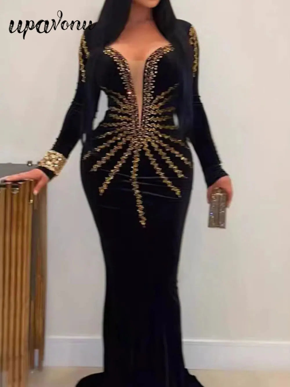 2024 Elegant Women's Light Luxury Hot Diamond Bandage Dress V-neck Long Sleeve Bodycon Long Dress Cocktail Evening Party Vestido