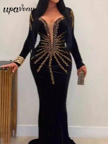 2024 Elegant Women's Light Luxury Hot Diamond Bandage Dress V-neck Long Sleeve Bodycon Long Dress Cocktail Evening Party Vestido