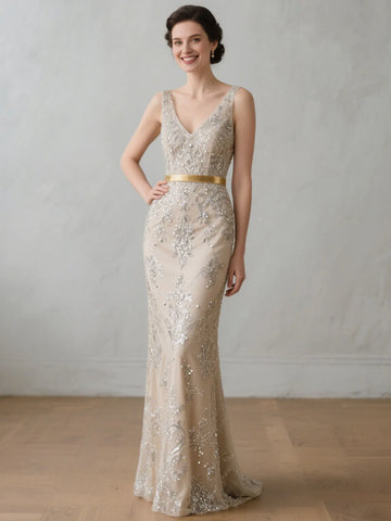 Mother Of The Bride Dress - Sexy Mermaid Wedding Guest Dress Floor Length V Neck Sleeveless Sparkle Sequin Mother of the Bride Gown 2025 Free Customized Champagne
