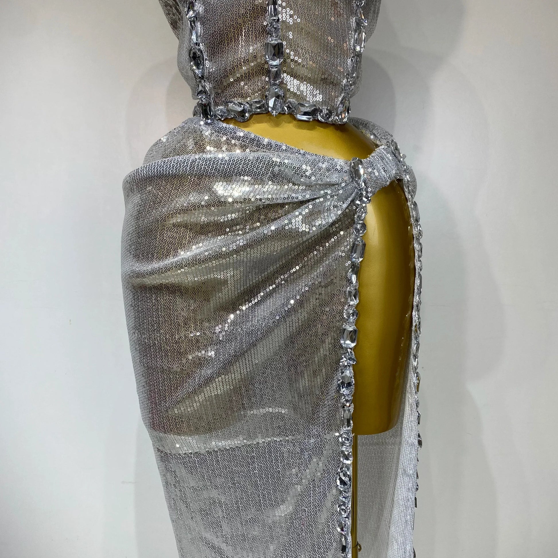 Women Sparkly Silver Rhinestones Top Long Skirt Two Pieces Set Singer Dancer Performance Costume Nightclub Stage Wear