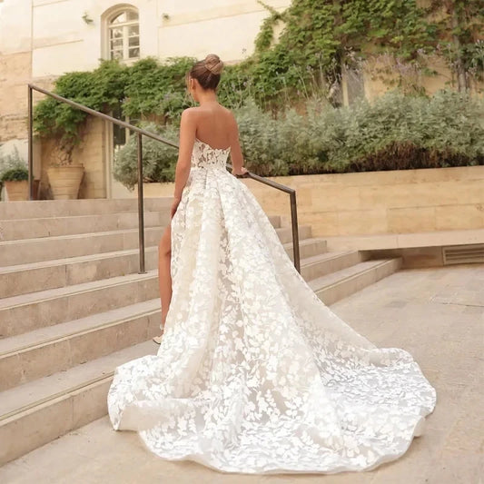 New A Line Wedding Dress Sweethart Full Lace Sleeveless Side Slit Bridal Dresses Boho Bride Gown vestidos de novia