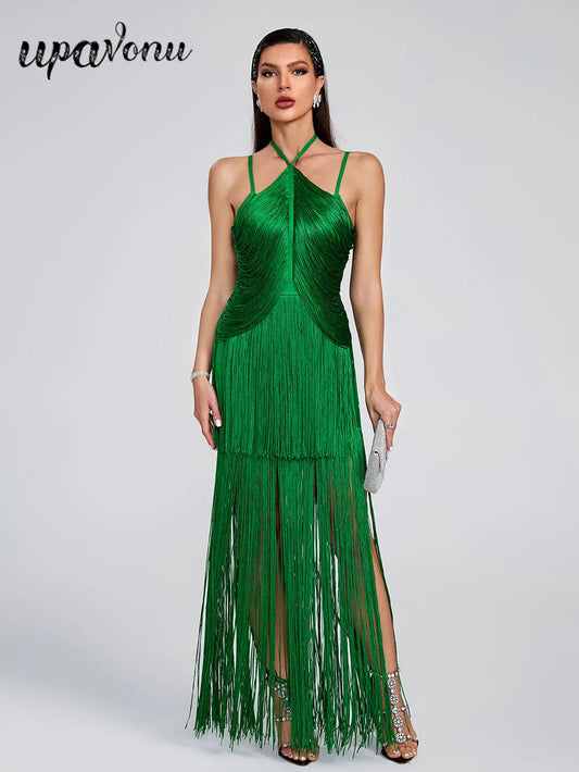 Women Tassel Design Bandage Long Dress Hanging Neck Sleeveless Bodycon Backless Dress Celebrity Evening Club Party Vestidos
