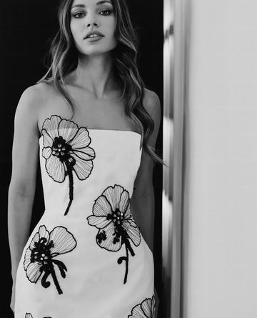 High Quality Women Sexy Strapless Bodycon Mini Bandage Dress Black Florals Celebrate Evening Party Birthday Cocktail Dress WHITE