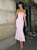 2023 New Arrival Pink Color Women Sexy Off the Shoulder Bodycon Bandage Long Maxi Dress Celebrate Evening Party Birthday Dress Pink