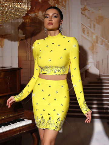 Modphy Black Yellow Rhinestone Bandage Two-Piece Set Women Long Sleeve Sexy Short Tops Bodycon Skirt Mini Sets Fashion Outfit