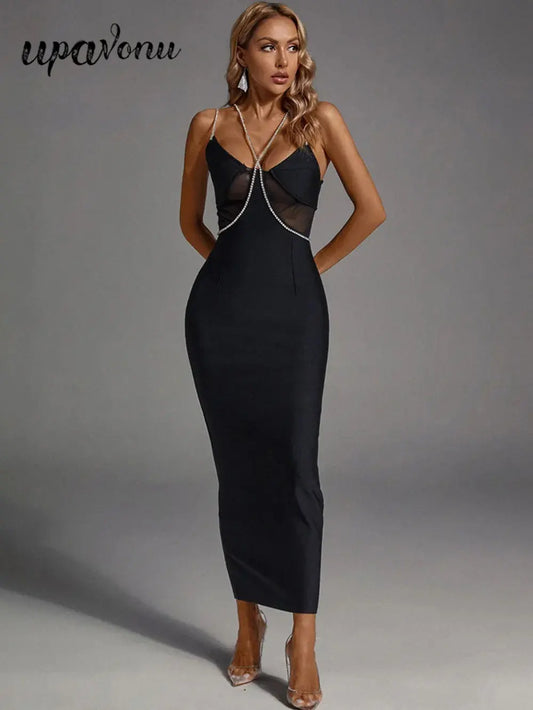 Spring Women's Water Diamond Chain Strap Sleeveless Bandage Dress Patchwork Bodycon Long Dress Evening Club Party Vestidos