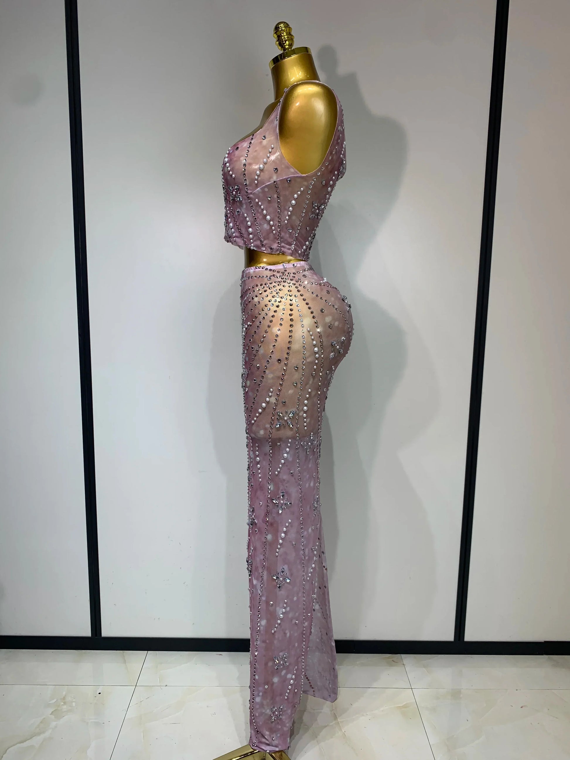 Women Sexy Two Pieces Set Celebrity Luxury Rhinestone Nightclub Skirt Suits Singer Dancer Stage Costume Evening Club Party Gowns