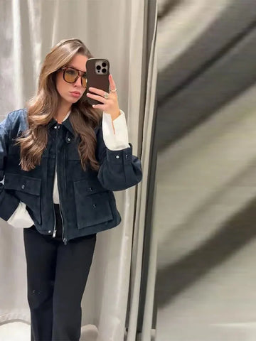 Vintage Solid Loose Women's Faux Leather Jacket Turn-down Collar Long Sleeve Pocket Bomber Coat New Autumn Fashionable Outerwear