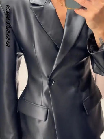 Women's Leather Jackets Lapel Waist Cinching Button Suit Jacket Autumn 2025 Female Full Sleeve Pocket Coats Chic LAdy Outerwears