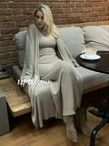Women's Knitted Long Dress Sets with Polo Collar Long Sleeves Waistband Tie up Cardigan Long Coat+Sleeveless Dress Two Piece Set