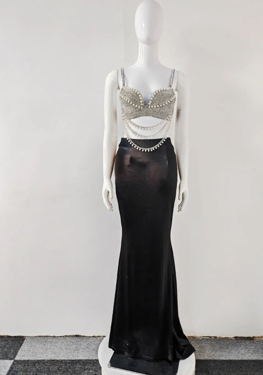 New Summer Women Sexy Shinning Crystal Tops 2 Pieces Bodycon Long Dress Elegant Evening Birthday Party Cocktail Outfit