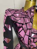 Women Sexy Pink Glitter Sequin Mirrors Short Skirt 3pcs Set Birthday Party Nightclub Queen Drag Stage Costume