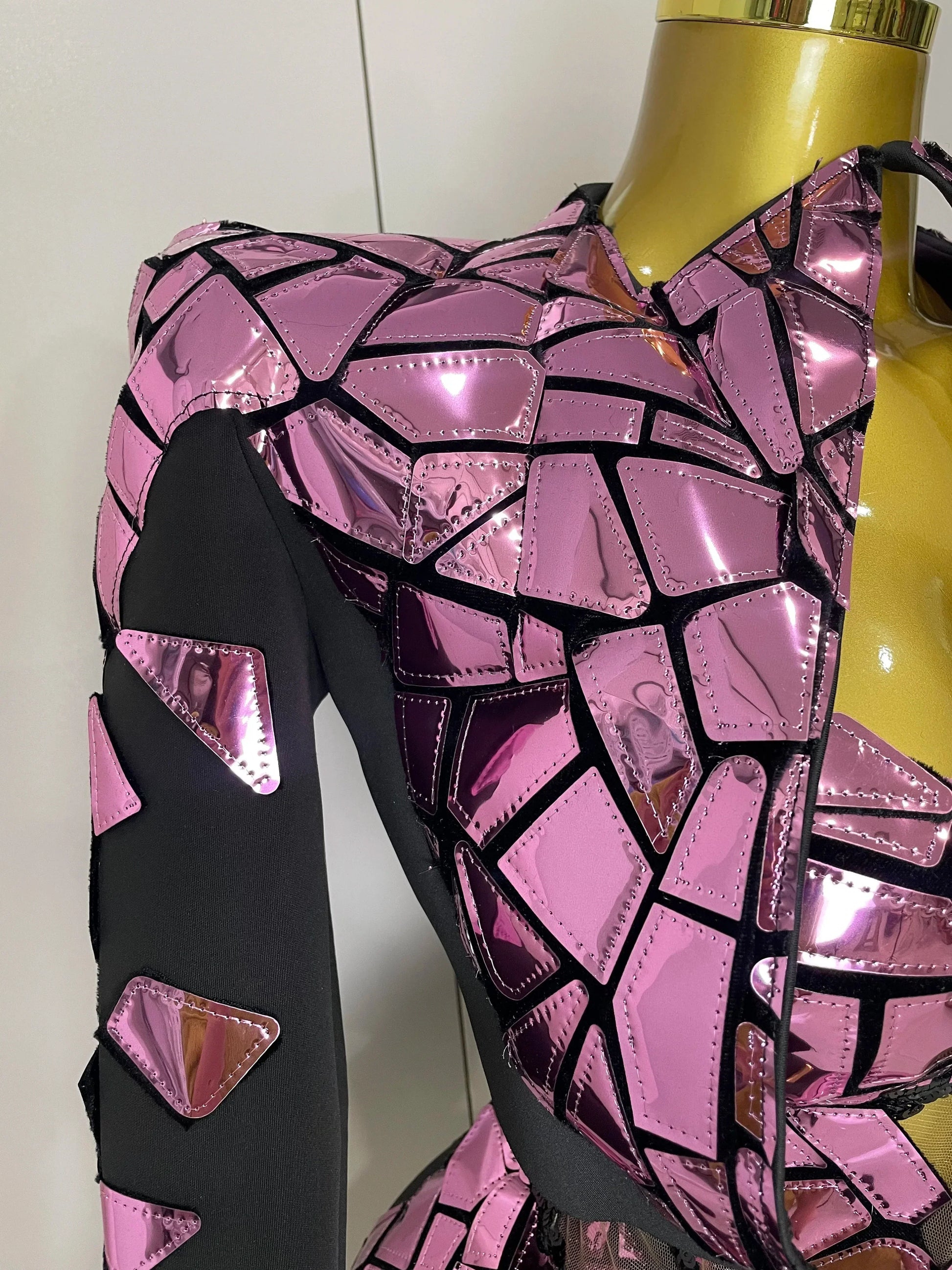 Women Sexy Pink Glitter Sequin Mirrors Short Skirt 3pcs Set Birthday Party Nightclub Queen Drag Stage Costume