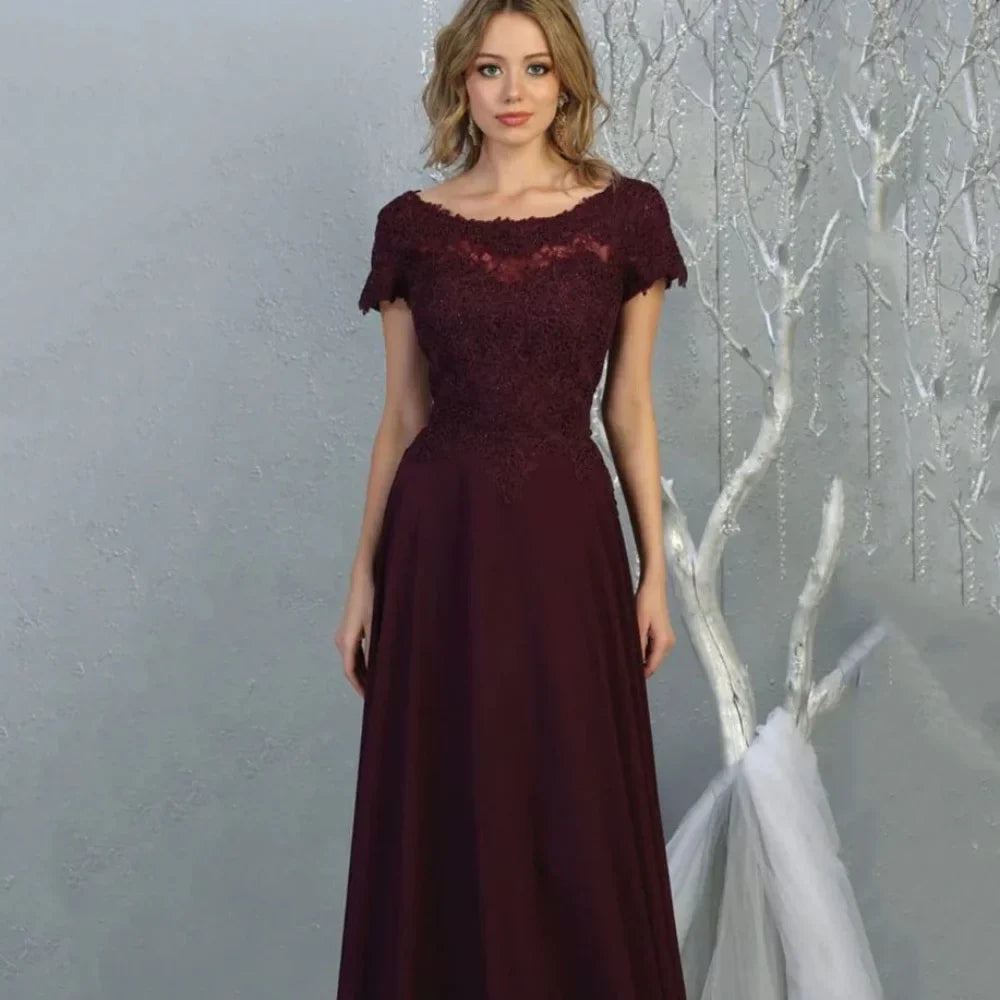 Mother Dresses Vintage Chiffon Customized A Line Bride Party Dress Lace Formal Occasion Gown Short Sleeves robes invitée mariage