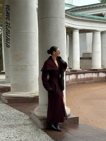 Large Shawl Solid Slim Woolen Overcoat Women Fashion Single Breasted Waist Cinching Hip Package Autumn Winter Coat New Outerwear