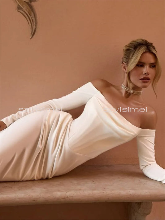 Fashion Strapless Satin Mermaid Wedding Dress 3/4 Sleeves Sweep Train Bridal Gowns vestido de novia Wedding Dresses Luxury