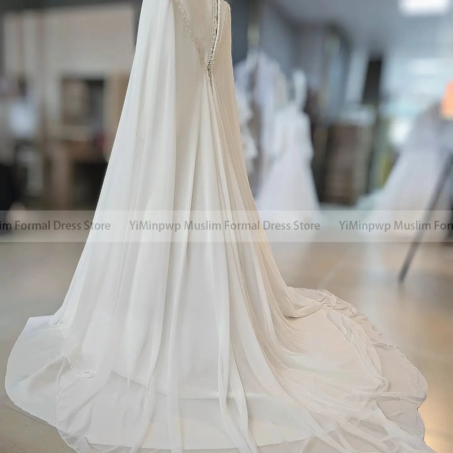 Muslim Wedding Dresses with Cape O Neck Long Sleeve Sweep Train A Line Beading Chiffon Hijab Bride Bridal Gowns Customized