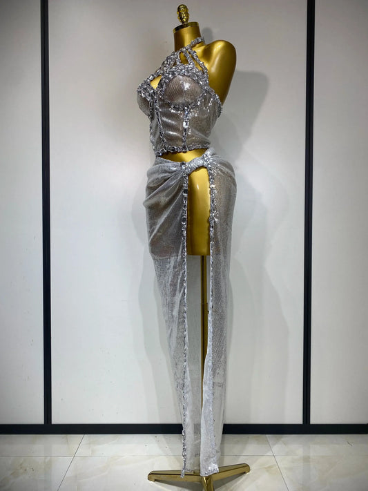 Women Sparkly Silver Rhinestones Top Long Skirt Two Pieces Set Singer Dancer Performance Costume Nightclub Stage Wear