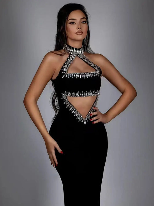 2025 Sexy Women'S Light Luxury Nail Bead Hollow Out Long Dress Hanging Neck Sleeveless Bodycon Backless Dress Club Party Vestido