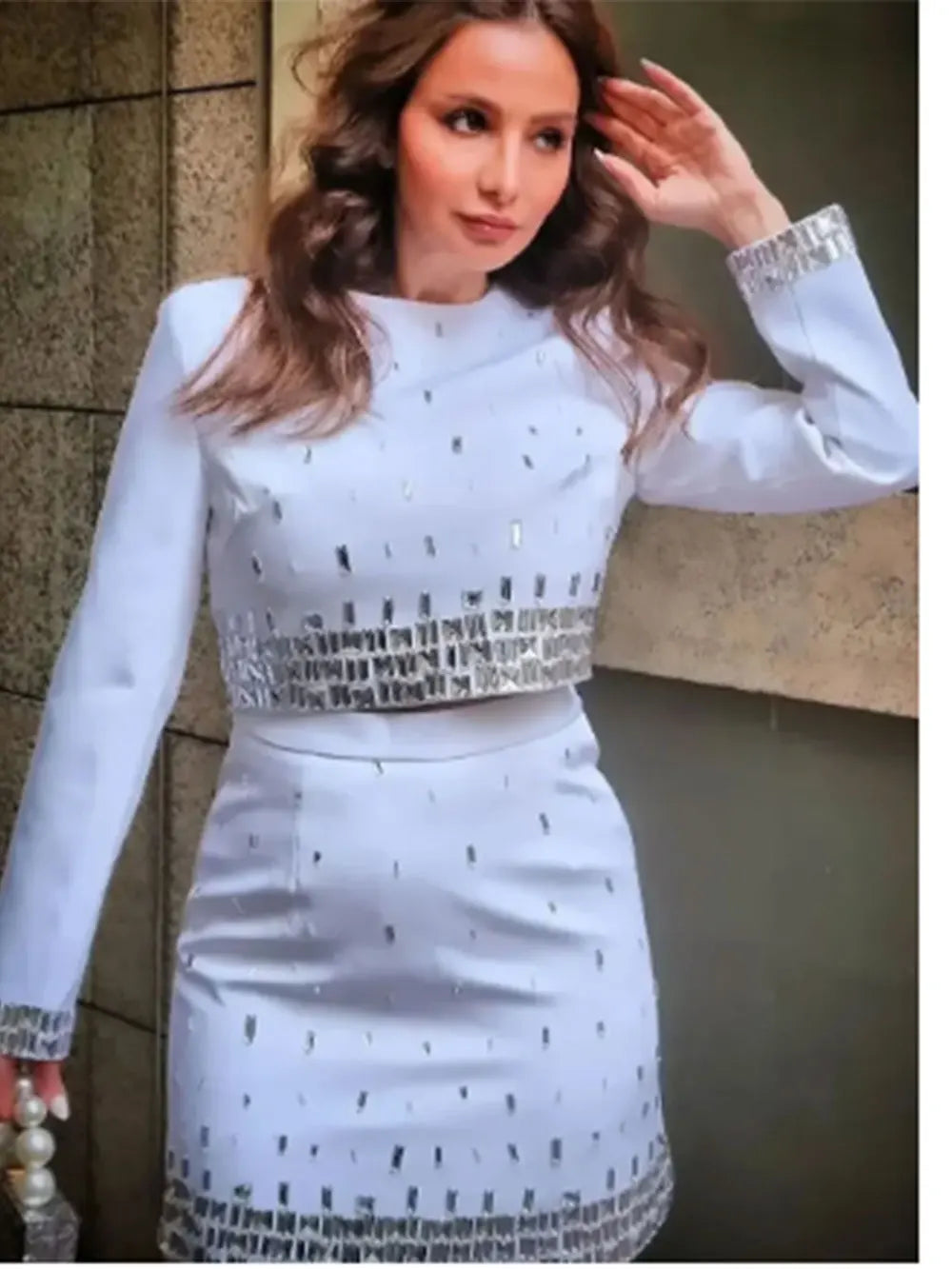 Women's Wear Heavy Industry Beaded Design Mini Skirt Sets Standing Neck Long sleeved Short Top+Short Skirt Two piece Set